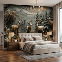 Papier peint mural 3D en relief avec paysage de cerfs de la forêt, style vintage, pour salon, chambre à coucher, décoration murale de la maison