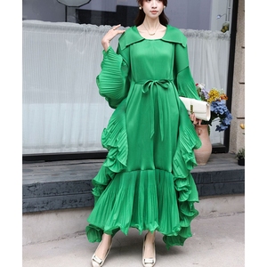 Rộng cộng với kích thước Xếp Li Ruffle cạnh ve áo Xếp Li Dài váy trumpet tay áo rộng thông gỗ Tai Tie Ăn mặc - Product Image 6