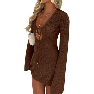 FOXA Traje de baño de punto de ganchillo para mujer, vestido con cuello en V profundo, minivestido ajustado con aberturas, ropa de playa para vacaciones - Product Image 1