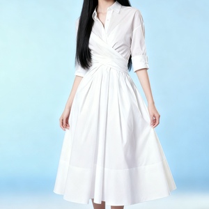 เดรสลำลองแขนยาวสีพื้นผูกเอวทรงเข้ารูปคอปกสำหรับฤดูร้อนแฟชั่น - Product Image 3