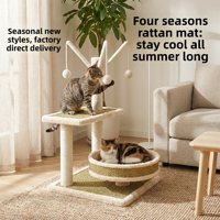Cadeira Reclinável Quatro Estações - Material de Madeira Fresca - Bola Suspensa de Corda de Bambu Branca com Cama para Gato e Estrutura de Escalada para Gatos
