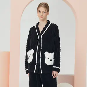 Lange Mouw Nachtkleding V-hals Lounge Sets Met Zakken Kerst Pyjama Set Familie Vrouwen Pyjama