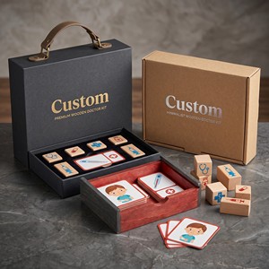 Mallette de jeu de rôle de <span class=keywords><strong>docteur</strong></span> en <span class=keywords><strong>bois</strong></span> Montessori personnalisée avec outils médicaux, cube d'association éducatif STEM et cartes flash des symptômes - Product Image 4