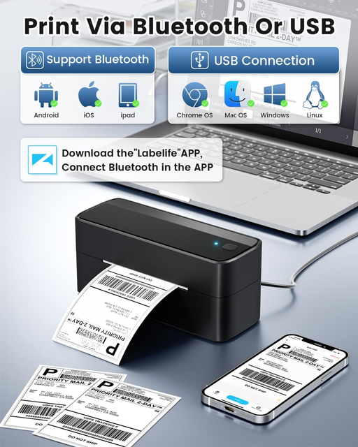 Portable Shipping Thermal Label Printer for Business-4x6 Inch Waterproof Adhesive Labels USB Wireless App in Stock