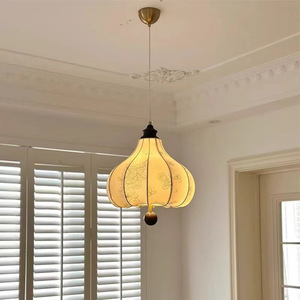 Retro French Style Fabric Pendant Light Led <b>E26</b> Single Head Round Home Lighting Fixture - Product Image 3
