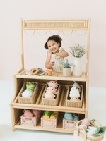 Petit stand de vente en rotin, mignon et polyvalent, pour enfants, à une face, deux rangées, avec étagères vierges et tableau noir, vente en gros