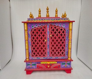 Mandir compacto de madera con vibrante arte pintado a mano, cajones de almacenamiento, base estable y acabado refinado para un estilo moderno. - Product Image 3