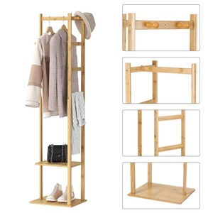 Porte-vêtements en bambou, support pour vêtements, chapeaux, chaussures, cintre en <span class=keywords><strong>bois</strong></span>, étagère, rangement, rail de suspension pour vêtements, crochets - Product Image 4