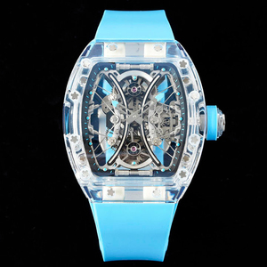 Men's light blue <b>rubber</b> strap crystal tourbillon <b>watch</b>, tonneau-shaped skeleton mechanical <b>watch</b> - Product Image 1