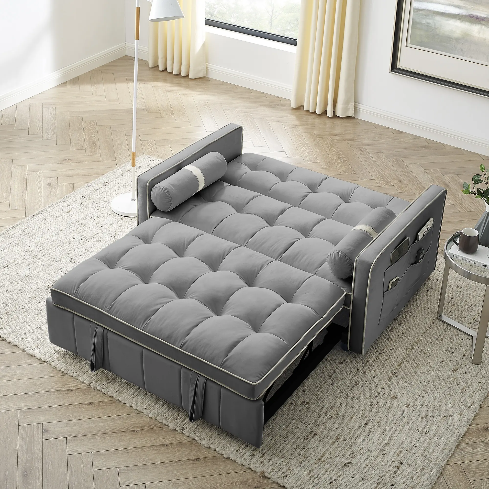 سرير أريكة حديث سرير أريكة للنوم قابل للسحب بحجم 55.5 بوصة بمقعدين أريكة مقعد أريكة بجيوب جانبية