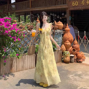 Vestido Maxi Amarillo Floral con Cuello en V, Cintura Natural, Largo Medio, Transpirable, Elegante, Ajustado, Sin Mangas, Estilo Vintage, Moda de Verano - Product Image 3