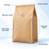 Sachet personnalisé en papier kraft sans fenêtre pour céréales et chips, scellé sur huit côtés avec valve, pour la vente au détail et en gros