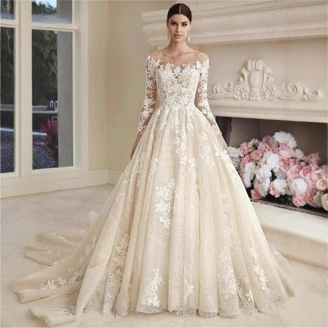 NDB10098 Bridal Dress Wedding Dress Bride Skirt Off-Shoulder Long Sleeves Simple Look Sexy Ivory White Lace with Flowers