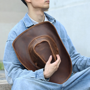 หมวกคาวบอยหนังแท้สำหรับผู้ชาย สีพื้น ป้องกันแสงแดด หมวกสำหรับฤดูร้อนกลางแจ้ง สำหรับผู้ใหญ่ สไตล์อังกฤษ - Product Image 2