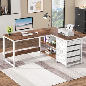 SENYU <b>L</b> <b>Shape</b> Computer <b>Desk</b> With Wooden Top White Frame Drawer Storage Home Office Workstation Furniture - Product Image 6