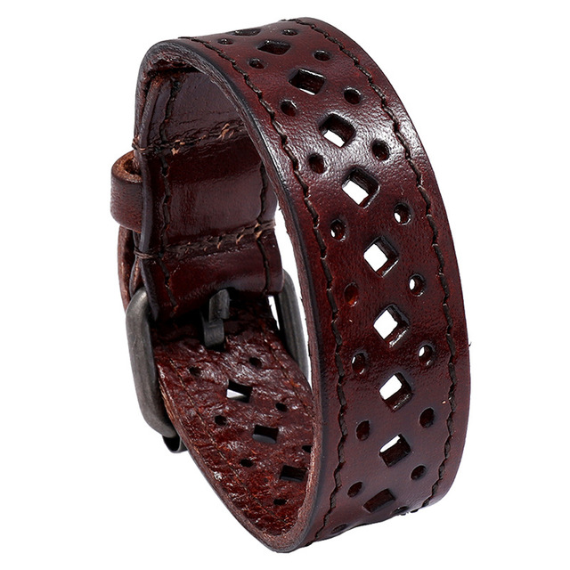New Hollow Cuff Bracelet Men's Wide Leather Bracelet Personality Jewelry