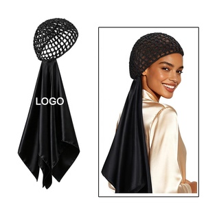 Bonnet de nuit 2-en-1 fait main avec logo personnalisé, bonnet en filet et foulard en soie, bonnets de sommeil doux en rayonne crochetée - Snoods en maille élastique - Product Image 1