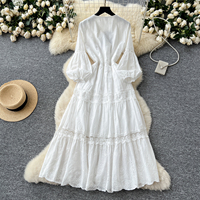 Robe en dentelle brodée à découpes douces - Robes longues cintrées à la taille pour femmes décontractées