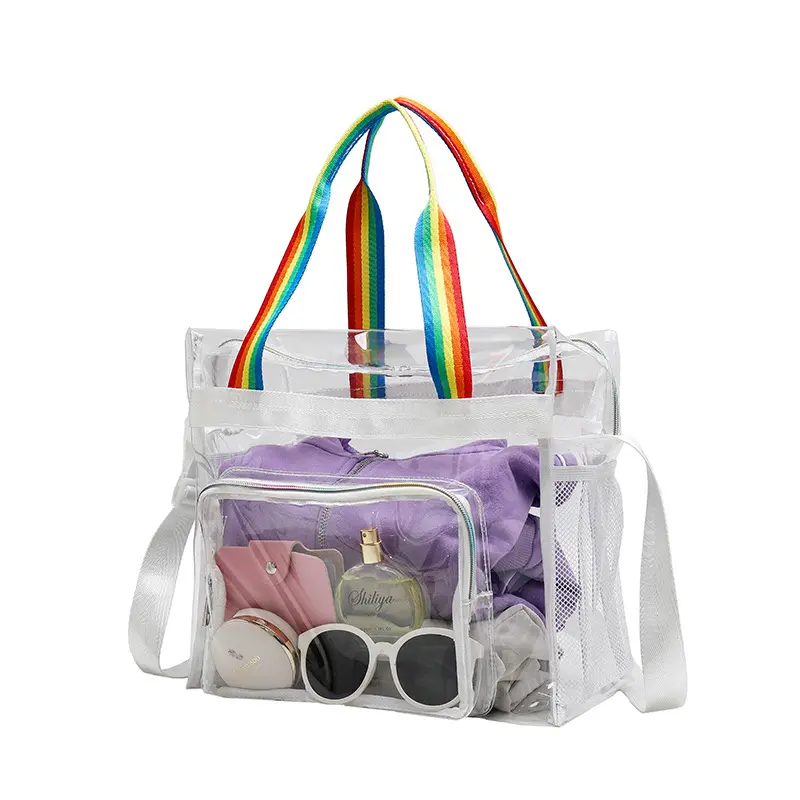 Summer plastic storage bag large clear handbags top handle 2 shoulder bag clear pvc tote bags