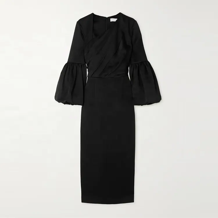 Clothing manufacturer custom spring summer long sleeve elegant casual women black midi dress