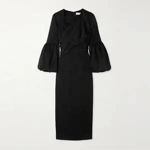 Clothing Manufacturer Custom Spring Summer Long Sleeve Elegant Casual Women Black Midi Dress