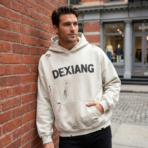 Sweat-shirt à capuche personnalisé 380g pour homme, en coton French Terry, coupe oversize et carrée, délavé à l'acide, effet usé et déchiré, style streetwear - Product Image 2