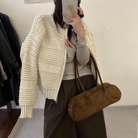 Großhandel Damen Chunky Strukturierter Reißverschluss-Cardigan Einfarbiger O-Ausschnitt Crop-Pullover Jacke Langarm Herbst Winter Damen Strick-Oberbekleidung