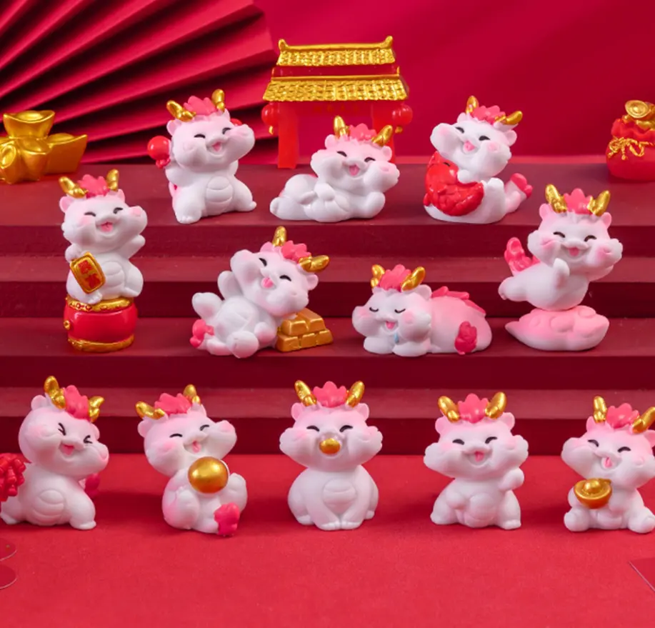 2024 नई चीनी राशि ड्रैगन वर्ष उपहार स्मारिका 3 डी मॉडल चंद्र राल बेबी खिलौना सजावट गुलाबी छोटी मूर्तियों की मूर्ति