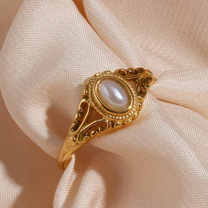 2026 Vintage Hollow Carved Oval Natural Pearl Inlaid Stainless Steel 18K Gold Plated <b>Retro</b> Women Statement Stackable Finger Ring - Product Image 2