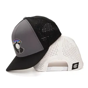 6 Panel Flat Brim Custom Logo Laser Cut Hole Hat Perforated Waterproof Sport Gorras Rubber Patch Snapback Caps