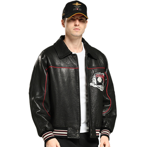 Chaqueta Bomber <span class=keywords><strong>Avirex</strong></span> para Hombre, Chaqueta de Cuero Estilo Hip Hop, Chaqueta de Cuero Genuino Negro - Product Image 2