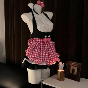 Ensemble YIMS Hot Girl Maid Style, doux et mignon, tablier à carreaux pour femme, robe patchwork cintrée à la taille, ensemble deux pièces 9623 - Product Image 3
