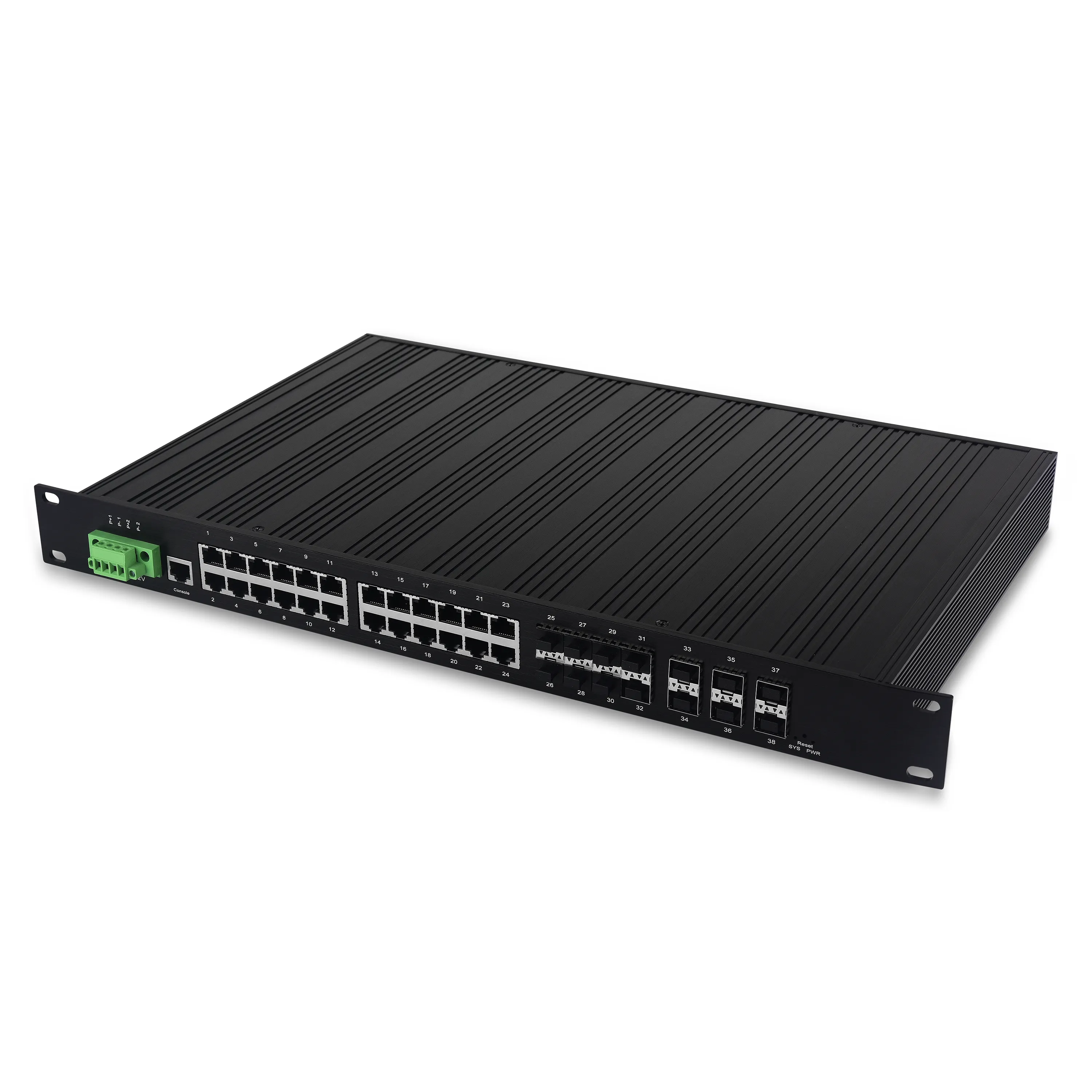 38 port terkelola industri Ethernet Switch dengan 6 10G SFP Slot dan 8 1000Base X SFP Slot dan 24 10 100 1000Base T