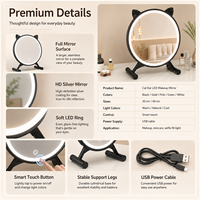 Miroir de maquillage de bureau avec oreilles de chat mignonnes, éclairage LED, angle réglable, 3 couleurs, variateur tactile, pour chambre à coucher