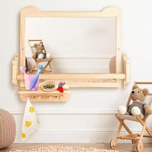 Étagère murale en bois avec miroir et barre porte-serviettes pour salle de bain d'enfants, organisateur de produits de toilette multifonctionnel, forme rectangulaire - Product Image 1