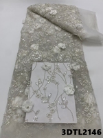 Tissu de dentelle de luxe Oman avec fleurs 3D, dentelle perlée Équateur, tulle brodé, tissu de dentelle à sequins pour robe de mariée Philippines