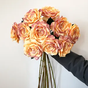 Bouquets de fleurs artificielles Grosses roses naturelles en soie à longue tige en gros pour la décoration de la maison de mariage