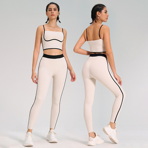 FH Contrast Black Binding 2Pcs Yoga Set Thin Strap Square Neck Sports Crop Top High Waist Side Black Line Leggings Custom Logo