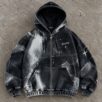 Sweat à capuche vintage délavé à fermeture éclair intégrale, coupe courte, ourlet brut, en coton denim tissé, poids lourd, imprimé graphique sur toute la surface, style streetwear