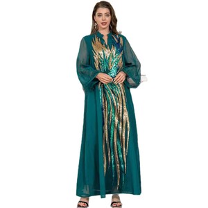 Robe longue élégante pour femme musulmane, col en V, manches longues, avec broderie de plumes et perles, en polyester, modèle SW008, pour le Moyen-Orient - Product Image 5