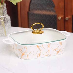 Plat de cuisson rectangulaire de luxe en marbre doré pour restaurant avec support métallique, chauffe-plat en céramique pour buffet et couvercle en verre - Product Image 3