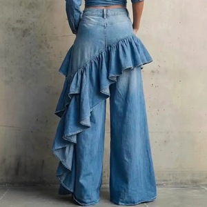 Vaqueros asimétricos con volantes y empalmes, de cintura alta, estilo europeo y americano, largos hasta el suelo para mujer, vaqueros anchos lavados. - Product Image 5