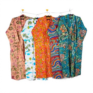 Bata de algodón 100% para mujer, estampada con flores, manga corta, cuello en V, largo completo, informal, para verano, ropa de dormir, albornoz - Product Image 5