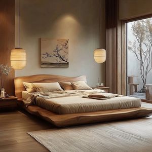 Cadre de lit double en bois massif, structure à mortaise et tenon, style chinois, mobilier de chambre d'hôtel - Product Image 1
