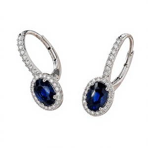 Pendientes de Lujo de Oro de 14K con Diamante Natural de 2 Quilates, Corte Ovalado, Zafiro Azul con Halo, Colección de Joyería Nupcial - Product Image 1