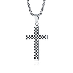 Mountain and Sea yunnique Jewelry <b>Titanium</b> Steel Black and White Checkered Cross Necklace, Niche Design Racing Flag - Product Image 5