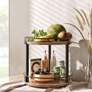 A wood and iron combined storage <b>rack</b>, double-layered and <b>rotatable</b>, suitable for kitchen countertops and <b>spice</b> <b>racks</b>; - Product Image 1