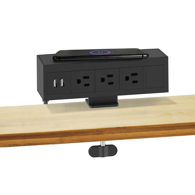USA Desktop Clamp Mounted Wireless Charging Table Socket 3AC US Power Outlet USB a and USB C Fast Charing Port Power Strip
