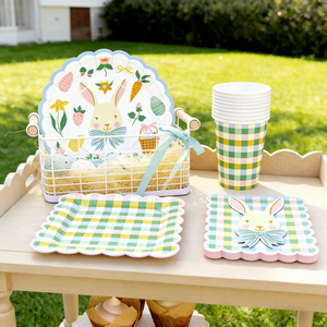 DAMAI - Artículos para Fiestas de Pascua, Plato a Cuadros Colorido con Diseño de Conejito de Pascua, Juego de Vajilla Desechable para Fiestas, Servilletas de Papel, Vasos, Platos - Product Image 2