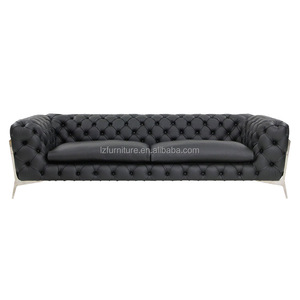 Hotel Lobby Chesterfield <b>Sofa</b> Beige Velvet 3-Seater Button Tufted Couch <b>Gold</b> Metal Legs Commercial Living Room Furniture - Product Image 6
